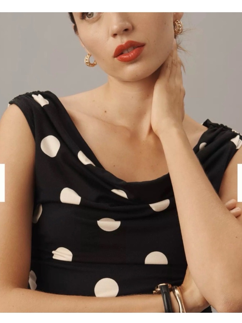 Reformation Black Polka Dot Draped Cowl Neck Top